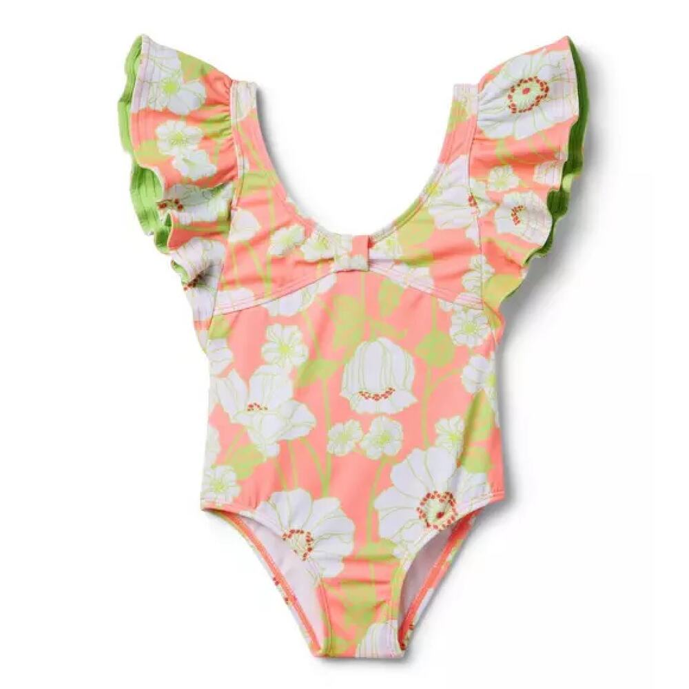 Janie and Jack Ruffle Swimsuit Floral Coral Curl Girls 12-18 Mos Preppy Summer